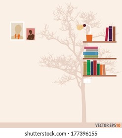 Bibliothek und Baumtapete. Vektorgrafik.