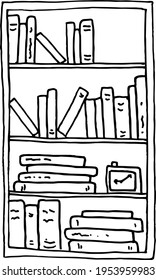 Bookshelf With Various Books Doodle Style Vector Isolated Illustration. Hand Drawn Bookcase Library Interior Element Black And White Sketch. Coloring Pages