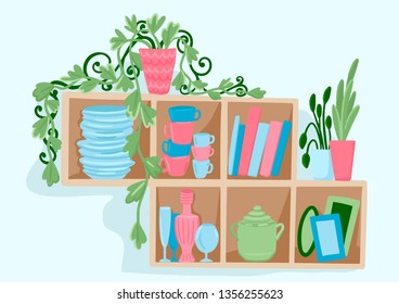 Bookshelf, various dishes, flowers in pots. Element of the interior. Kitchen accessories. Vector cute illustration.