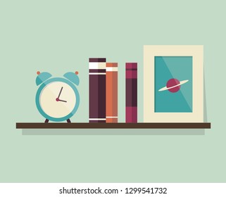 
Bookshelf vector. Books. Clock