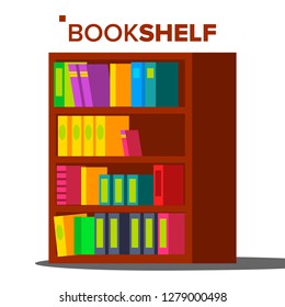 Bookshelf Vector. Home Library Or Book Store. Bookcase Full Of Different Color Books. Isolated Flat Cartoon Illustration