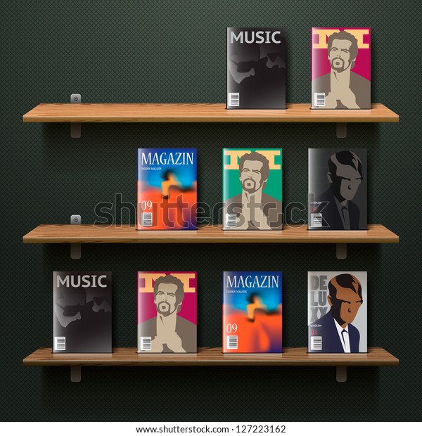 Music and Magazines Bookshelf, vector illustration for Library Wallpaper Mural. 