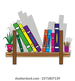 Bookshelf vector illustration. Colorful books on shelf. Wooden furniture with decor. Organized study design. EPS 10.