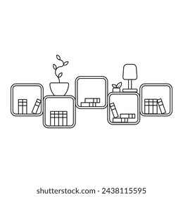 Bookshelf vector. Library vector icon. Cabinet for storing books. Cozy shelves with books. Concept of the linear style of the interior of the library. Furniture shelves vector.