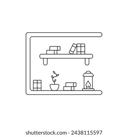 Bookshelf vector. Library vector icon. Cabinet for storing books. Cozy shelves with books. Concept of the linear style of the interior of the library. Furniture shelves vector.