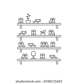 Bookshelf vector. Library vector icon. Cabinet for storing books. Cozy shelves with books. Concept of the linear style of the interior of the library. Furniture shelves vector.