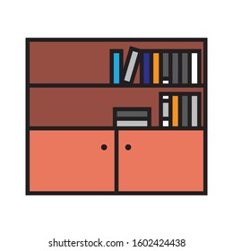 Bookshelf vector thin line color icon illustration isolated on white background