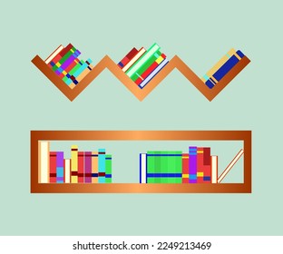 Bookshelf for wall decoration vector illustration, book rack minimalist simple design, Racks with books. Set with colorful books in cartoon style