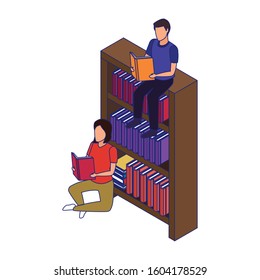 bookshelf and woman and man reading around over white background, vector illustration