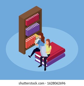 bookshelf and women reading around over blue background, isometric and colorful design, vector illustration
