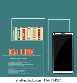 Bookshelve with books and smartphone blank screen. Online digital library. Modern concept for web banners, web sites.  Vector illustration. Distance education concept.