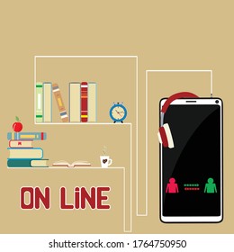 Bookshelve with books and smartphone blank screen. Online digital library. Modern concept for web banners, web sites.  Vector illustration. Distance education concept.