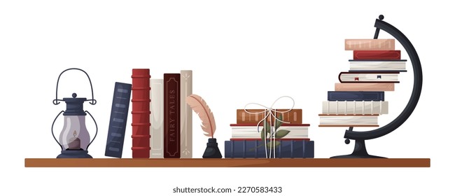 Bookshelve with stack of books, lantern with candle, globe, inkwell with a quill. Bookstore, bookshop, library, book lover, bibliophile, education. Vector illustration for poster, banner, website