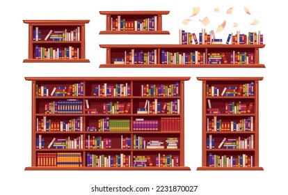 Bookshelves and bookcase. Collection of graphic elements for website, stickers for social media and messengers. Furniture and interior. Cartoon flat vector illustrations isolated on white background