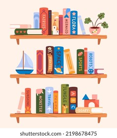 Bookshelves with books for children. Educational library with literature for preschoolers and kids. Reading and studying. Fairy Tales, Encyclopedias and Dictionary. Cartoon flat vector illustration