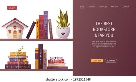 Bookshelves with books, decorative house, potted plant. Bookstore, bookshop, book lover concept. Vector illustration for poster, banner, website, cover.