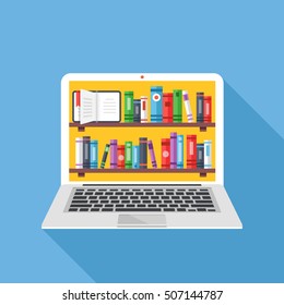 Bookshelves With Books On Laptop Screen. Online Digital Library. Modern Concepts For Web Sites, Web Banners, Printed Materials. Creative Flat Design Vector Illustration