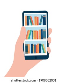 Bookshelves with books on the smartphone screen. Digital library. Electronic books. Hand holds a smartphone. Vector