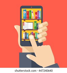 Bookshelves with books on smartphone screen. Online digital library. Hand holds smartphone, finger touches screen. Modern concept for web banners, web sites. Creative flat design vector illustration