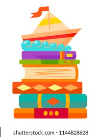 Bookshelves with books in room interior. Home library with literature, fairy tales school textbook education training vector illustration 