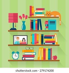 Bookshelves with books in room interior. Home library with literature, vector illustration