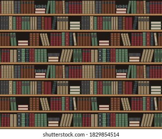 Bookshelves with books. Seamless background. Old books on the shelves. Library of retro books. Bookstore. Vector illustration