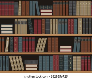 Bookshelves with books. Seamless background. Old books on the shelves. Library of retro books. Bookstore. Vector illustration.