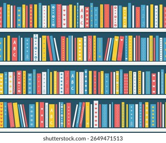 Bookshelves with Books. Seamless Sample. Fragment of the Library Interior or Bookstore. Children's books on the Shelves. Vector illustration in Blue, Yellow, Red, White