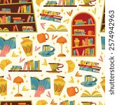 Bookshelves, books, stack of books and reading seamless pattern. Flat cartoon vector style. Book exchange crossing Bookstore, bookshop, library, book lover, bibliophile, education. Literature and read