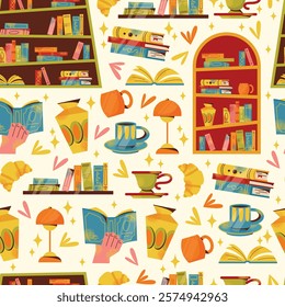 Bookshelves, books, stack of books and reading seamless pattern. Flat cartoon vector style. Book exchange crossing Bookstore, bookshop, library, book lover, bibliophile, education. Literature and read