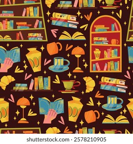 Bookshelves, books, stack of books and reading seamless pattern. Flat cartoon vector style. Book exchange crossing Bookstore, bookshop, library, book lover, bibliophile, education. Literature and read