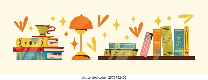 Bookshelves, books, stack of books set and reading illustration. Flat cartoon vector style. Book exchange crossing Bookstore, bookshop, library, book lover, bibliophile, education. Literature and read