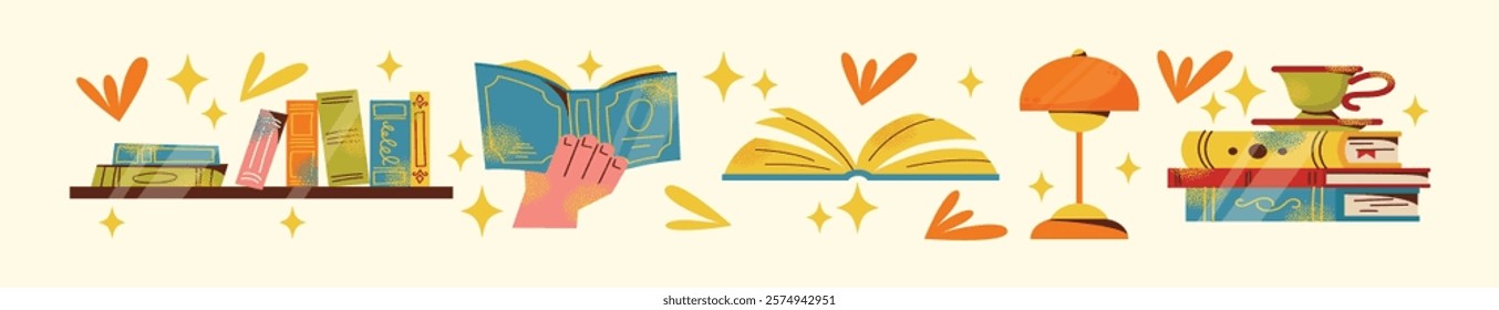 Bookshelves, books, stack of books set and reading illustration. Flat cartoon vector style. Book exchange crossing Bookstore, bookshop, library, book lover, bibliophile, education. Literature and read