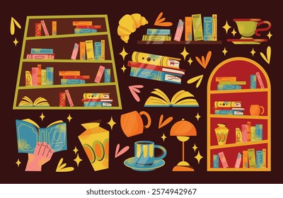 Bookshelves, books, stack of books set and reading illustration. Flat cartoon vector style. Book exchange crossing Bookstore, bookshop, library, book lover, bibliophile, education. Literature and read