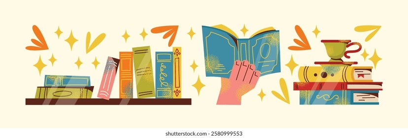 Bookshelves, books, stack of books set and reading illustration. Flat cartoon vector style. Book exchange crossing Bookstore, bookshop, library, book lover, bibliophile, education. Literature and read