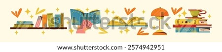 Bookshelves, books, stack of books set and reading illustration. Flat cartoon vector style. Book exchange crossing Bookstore, bookshop, library, book lover, bibliophile, education. Literature and read