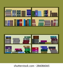 Bookshelves with a lot of books. Stacks of books of different colors, sizes and shapes isolated on a green background. The symbol of Library, bookstore, education, science. Flat design style. Vector
