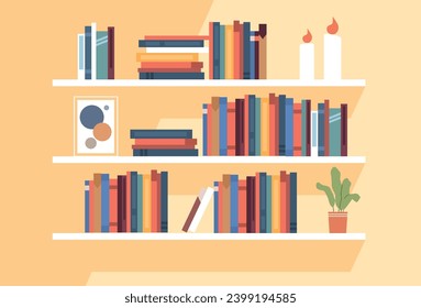 Bookshelves with books standing on them. Home library or bookstore with candies and plants in pots on shelves. Dictionary and textbook. Cartoon flat isolated vector literature concept