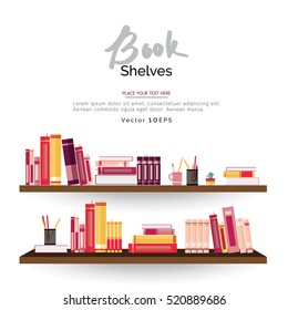 Bookshelves with books and stationery on white wall background