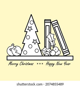 Bookshelves with Christmas tree, books and decoration balls . Hand drawn black and white vector illustration.