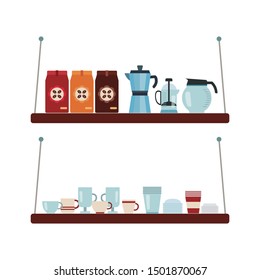 Bookshelves with coffee bags, coffee containers, coffee pots, cups and glasses.