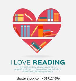 Bookshelves with colorful books in flat design style. I love books.  Home library with literature, vector illustration