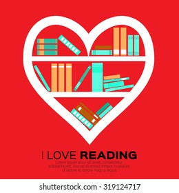 Bookshelves with colorful books in flat design style. I love books.  Home library with literature, vector illustration