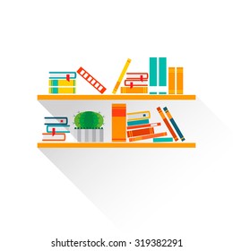 Bookshelves with colorful books in flat design style. I love books.  Home library with literature, vector illustration