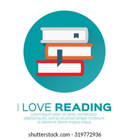 Bookshelves with colorful books in flat design style. I love books.  Home library with literature, vector illustration