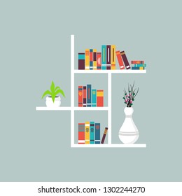 Bookshelves with colorful books and stationery and flower vases background. Interior design inspiration vector