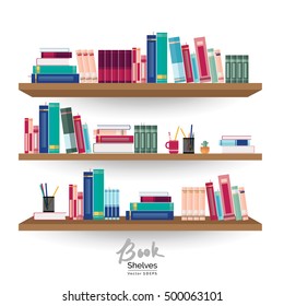 Bookshelves with colorful books and stationery on white wall background