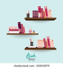 Bookshelves with colorful books and stationery on pastel light blue background