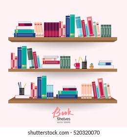 Bookshelves with colorful books and stationery on pastel pink wall background