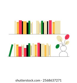 Bookshelves With Colorful Books And Vase In Flat Vector Illustration Symbolizing Organization, Home Decor, And Knowledge, Isolated On White Background.